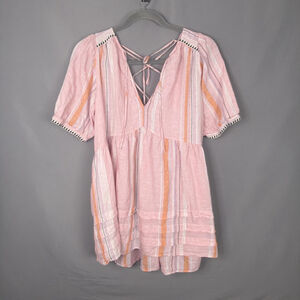 Lemlem X H&M Dress Womens XL Pink Linen Puff Sleeve Boho Sundress Romantic